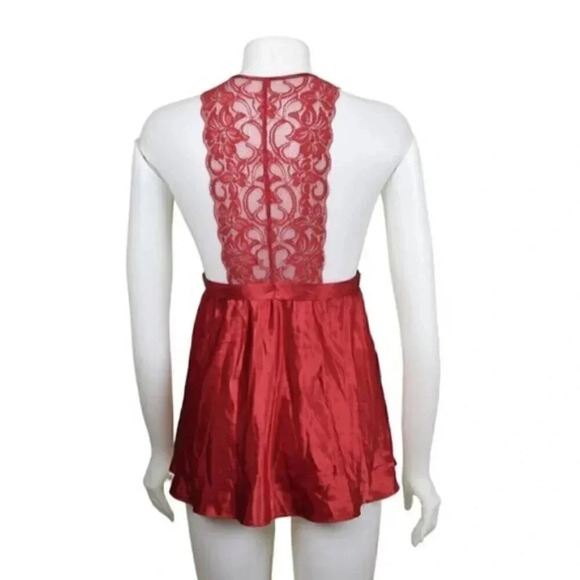 La Vie En Rose Satin Babydoll Lace Tie Waist Deep V Size Small - Picture 6 of 9